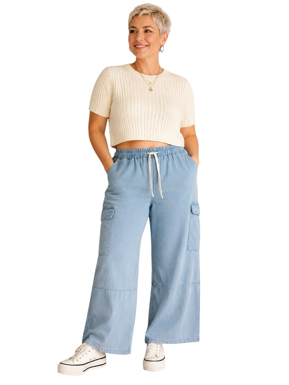 R.SOFIA Wide Leg Cargo Pants Light Blue Various Sizes NWT